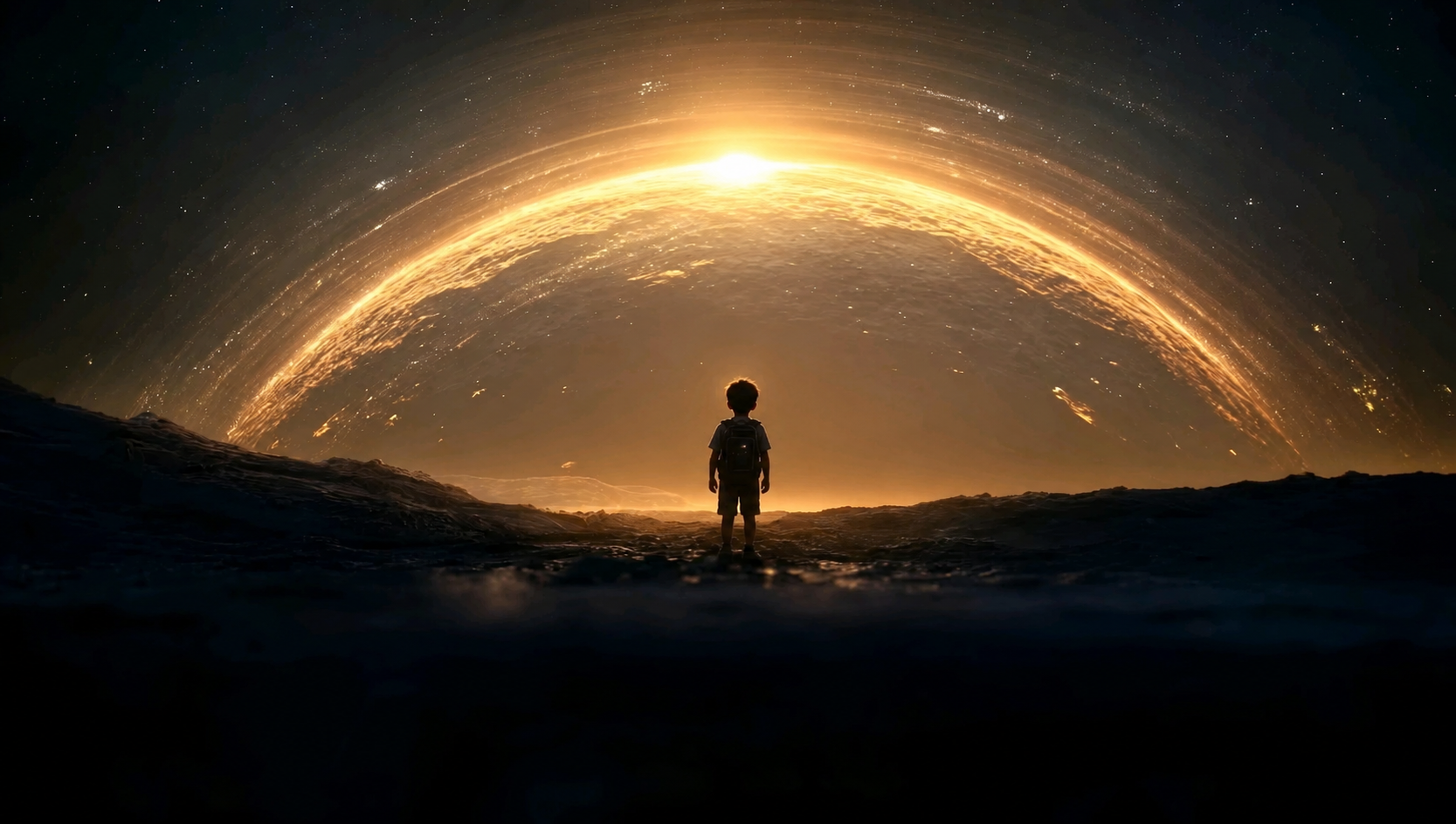 A child looking out at a vast horizon of possibility